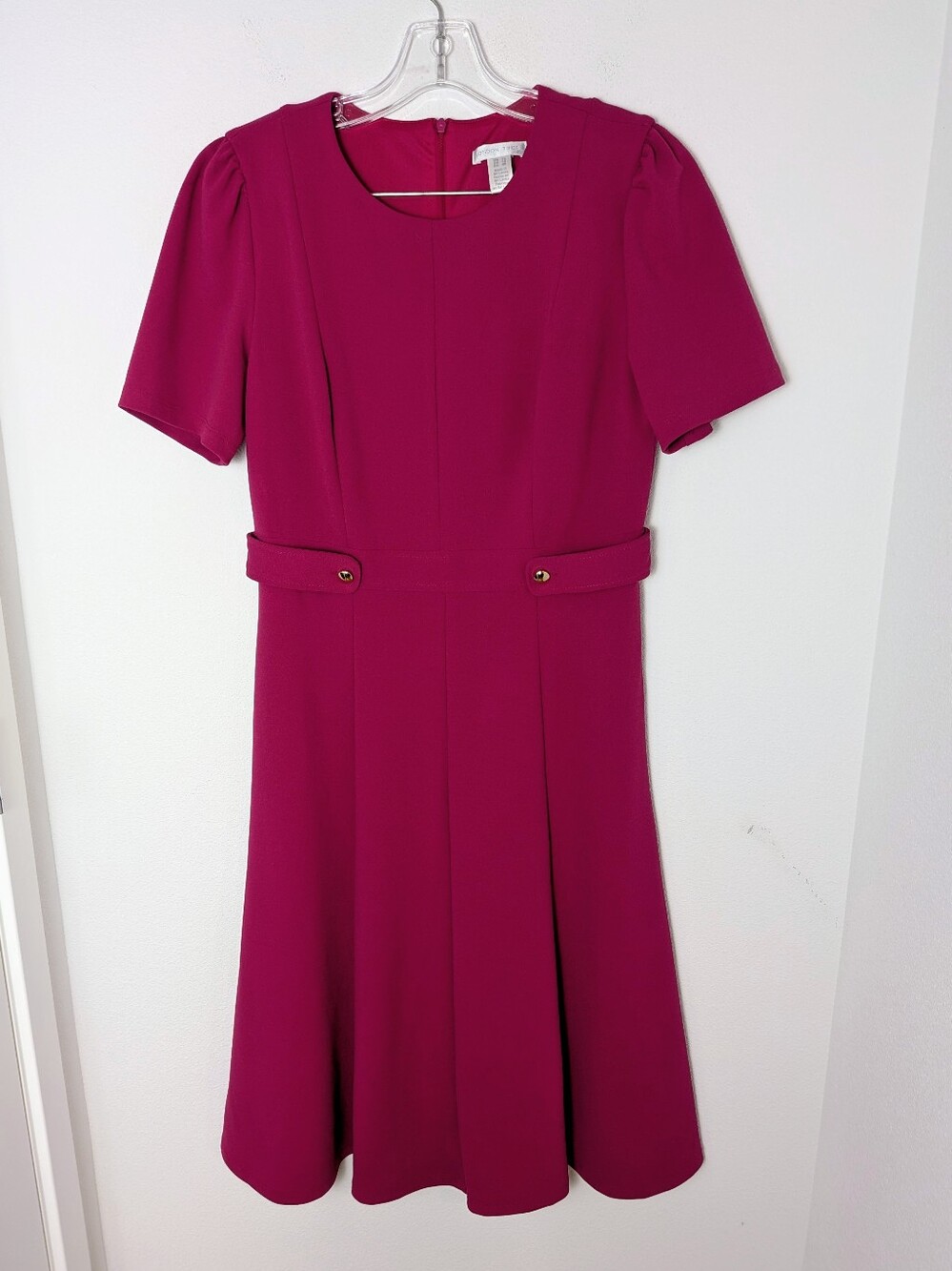 LONDON TIMES Women Pink Puff-Sleeve Tab-Detail Fit & Flare Midi Dress Sz 10 EUC
